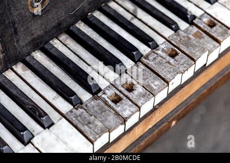 Old abandoned broken Johann Wendl piano, damaged piano keys Stock Photo