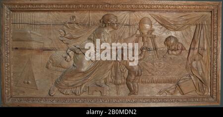 Overdoor panel with allegory of Science (one of a pair), French, 18th century, French, Oak, polished, each, confirmed: 25 × 52 in. (63.5 × 132.1 cm), Woodwork Stock Photo