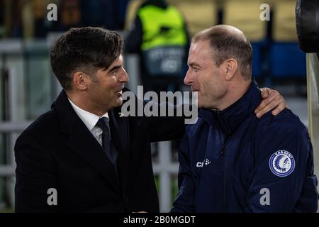 Jess Thorup head coach of KAA Gent and Paulo Fonseca coach of AS Roma are seen during the UEFA Europa League Group J football match between AS Roma and KAA Gent at the Stadio Olimpico Staduim.(Final score; AS Roma 1:0 KAA Gent). Stock Photo