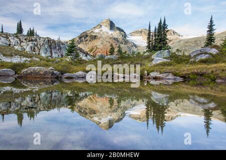 Alpine meadow and mountains reflecting in lake. Stock Photo