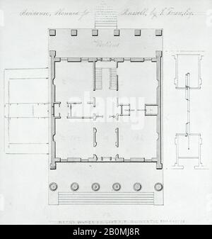 Alexander Jackson Davis, Residence, Planned for Russell, by I. Town, Esq., Alexander Jackson Davis (American, New York 1803–1892 West Orange, New Jersey), After Ithiel Town (American, Thompson, Connecticut 1784–1844 New Haven, Connecticut), ca. 1828, Watercolor, ink and graphite, Sheet: 7 1/16 × 6 5/8 in. (18 × 16.8 cm