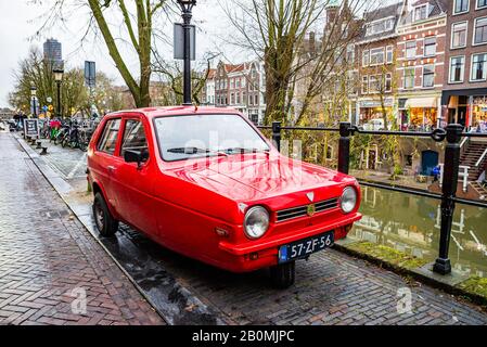 Utrecht, Netherlands - January 08, 2020. Old three wheels red car Reliant Robin Stock Photo