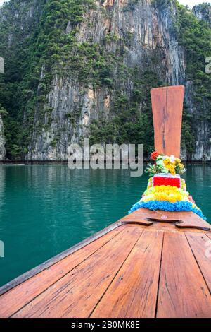 Colorful garland on front of Thai long tail boat at Phi Phi islands Stock Photo