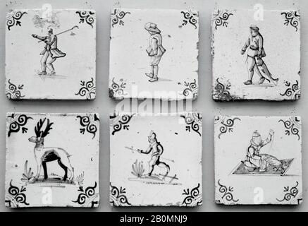 Tile, Dutch, 1640–60, Dutch, Tin-glazed earthenware, Overall (tile): 5 × 5 in. (12.7 × 12.7 cm), Overall (whole panel): 21 × 16 in. (53.3 × 40.6 cm), Ceramics-Pottery Stock Photo