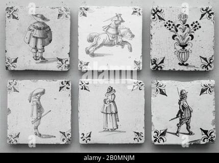 Tile, Dutch, 1620–40, Dutch, Tin-glazed earthenware, Overall (tile): 5 × 5 in. (12.7 × 12.7 cm), Overall (whole panel): 21 × 16 in. (53.3 × 40.6 cm), Ceramics-Pottery Stock Photo