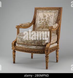 Georges Jacob, Armchair (Fauteuil à la reine) (one of a pair) (part of a set), French, Paris, Georges Jacob (French, Cheny 1739–1814 Paris), Possibly embroidered by Joseph-François-Xavier Baudoin (French, 1739–ca. 1786), ca. 1780–85, French, Paris, Carved and gilded walnut; embroidered silk satin, Overall: 40 1/4 × 29 1/2 × 30 5/8 in. (102.2 × 74.9 × 77.8 cm), Woodwork-Furniture Stock Photo