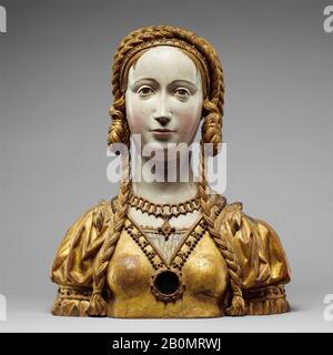 Reliquary bust of a companion of Saint Ursula, Belgian, possibly Brussels, ca. 1520–30, Belgian, possibly Brussels, Oak, polychromed and gilt on plaster ground; glass opening for relic, Height: 17 7/8 in. (45.4 cm), Sculpture Stock Photo
