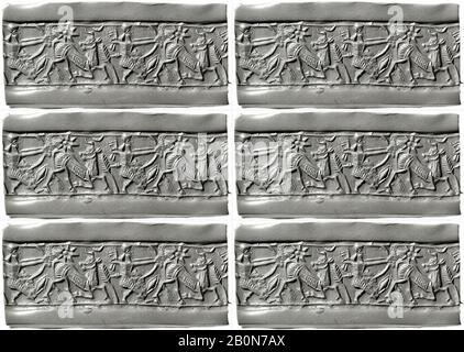 Cylinder seal with hunting scene, Assyrian, Neo-Assyrian, Date ca. 9th–8th century B.C., Mesopotamia, Nimrud (ancient Kalhu), Assyrian, Mottled red Jasper (Quartz), 0.87 in. (2.21 cm), Stone-Cylinder Seals Stock Photo