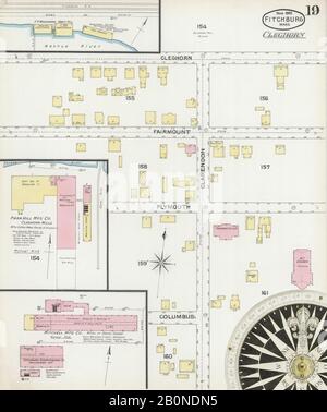 Image 19 of Sanborn Fire Insurance Map from Fitchburg, Worcester County, Massachusetts. Mar 1892. 23 Sheet(s), America, street map with a Nineteenth Century compass Stock Photo