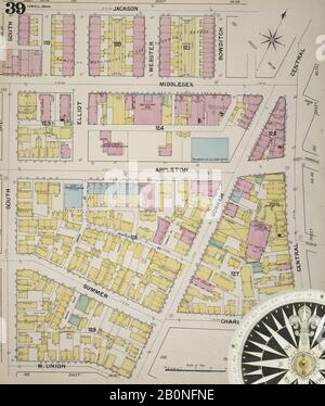 Image 40 of Sanborn Fire Insurance Map from Lowell, Middlesex County, Massachusetts. 1892. 70 Sheet(s). Bound, America, street map with a Nineteenth Century compass Stock Photo