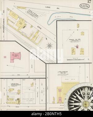 Image 18 of Sanborn Fire Insurance Map from Elmira, Chemung County, New York. Jun 1887. 17 Sheet(s), America, street map with a Nineteenth Century compass Stock Photo
