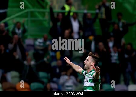 Lisbon, Portugal. 20th Feb, 2020. Andraz Sporar of Sporting CP celebrates after scoring a goal during the UEFA Europa League round of 32 first leg football match between Sporting CP and Istanbul Basaksehir at Alvalade stadium in Lisbon, Portugal, on Feb. 20, 2020. Credit: Pedro Fiuza/Xinhua/Alamy Live News Stock Photo