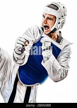 one caucasian man practicing Taekwondo  in studio  isolated on white background Stock Photo