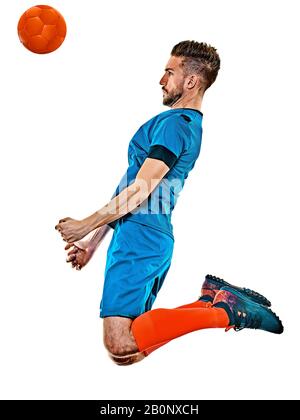 one caucasian youg soccer player man standing in studio isolated on white background Stock Photo