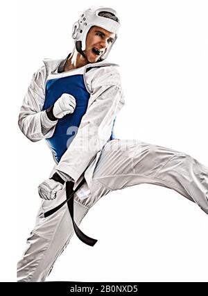 one caucasian man practicing Taekwondo  in studio  isolated on white background Stock Photo