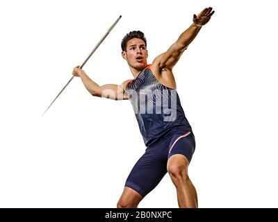 one young caucasian athlete man practicing Javelin  athletics in studio  isolated on white background Stock Photo