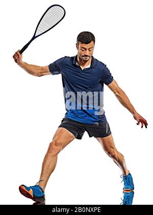 one caucasian mature man practicing squash player  in studio  isolated on white background Stock Photo