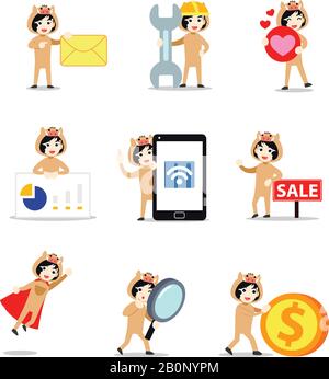 Set character of woman wild boar as mammal animal family. Stock Vector
