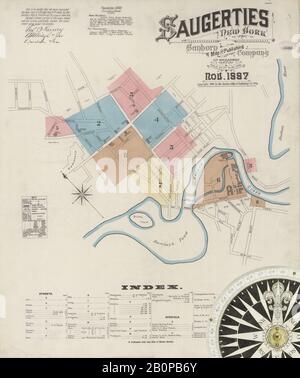 Image 1 of Sanborn Fire Insurance Map from Saugerties, Ulster County, New York. Nov 1887. 8 Sheet(s), America, street map with a Nineteenth Century compass Stock Photo