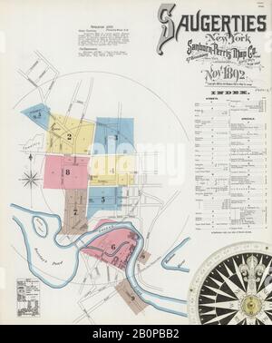Image 1 of Sanborn Fire Insurance Map from Saugerties, Ulster County, New York. Nov 1892. 9 Sheet(s), America, street map with a Nineteenth Century compass Stock Photo