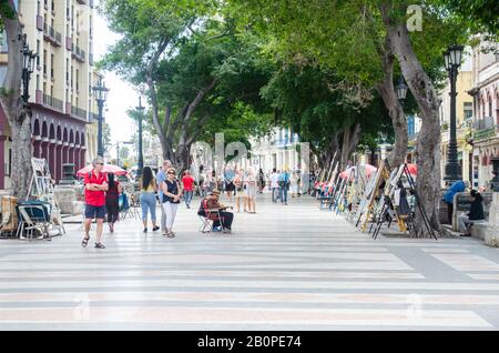 Art Market in Paseo de Marti or Paseo Del Prado in Old Havana on Sunday.  Artist sell their paintings and crafts on weekends Stock Photo