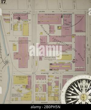 Image 18 of Sanborn Fire Insurance Map from Allegheny, Allegheny County, Pennsylvania. 1893. 125 Sheet(s). Bound, America, street map with a Nineteenth Century compass Stock Photo