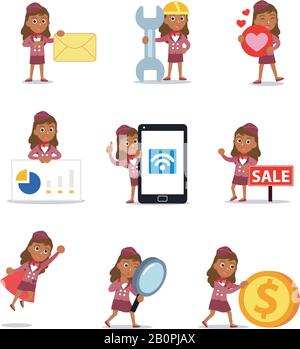 Set character of woman as air hostess career directing the passenger to their seats. Stock Vector