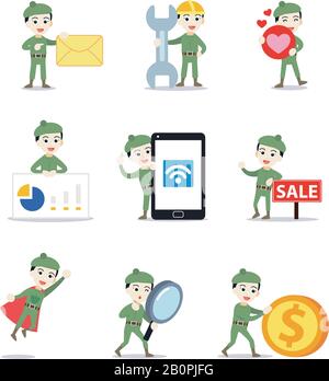 Set character of woman army cadet wearing a green color costume. Stock Vector
