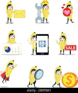 Set character of woman wearing cute banana suit during food festival. Stock Vector