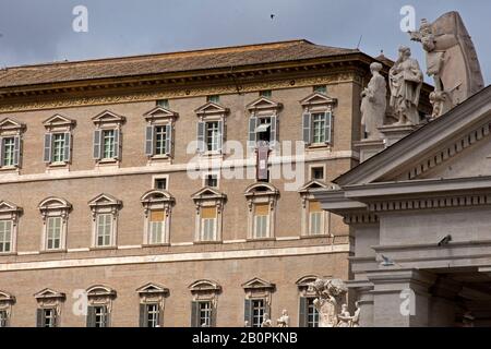 Pope Francis recites the Angelus, weekly sermon of the Catholic Church, from a window in the Vatican Museum, Vatican City, Vatican Stock Photo
