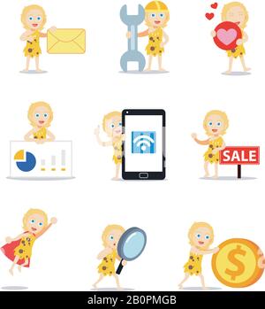 Set character of woman living in a cave for several years. Stock Vector