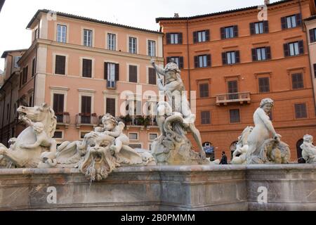 Fountain of Neptune, sculpture by artist Antonio Della Bitta and Gregorio Zappala in the 19th century, Piazza Navona, Rome, Italy Stock Photo