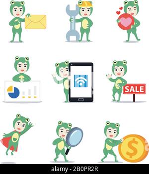 Set character of man as a frog with green color. Stock Vector