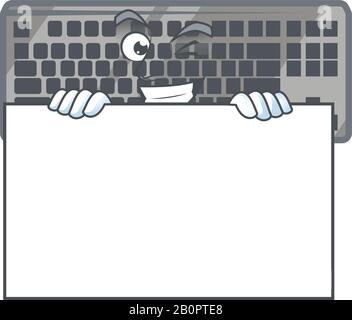 Black keyboard cartoon character with funny face hides behind a board Stock Vector