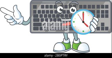 Black keyboard cartoon character style with a clock Stock Vector