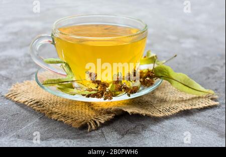 Glass cup of tea from linden flowers on a gray background. The concept of healthy teas. Stock Photo