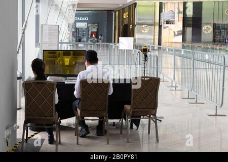 Singapore - February 14 2020: A temperature screening post using an infrared camera to check for fever due to the COVID-19 virus Stock Photo