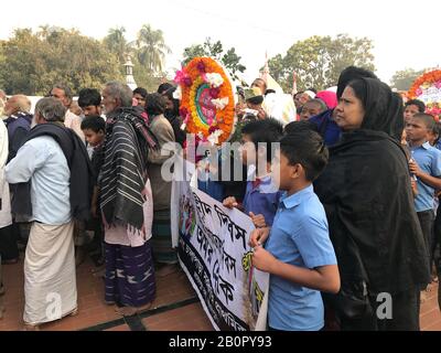 Jamalpur, Bangladesh. 21st Feb, 2020. Thousands of people gather at Jamalpur Language Martyrs' Memorial monument with flowers in homage to the martyrs of the 1952 Bengali Language Movement in Dhaka on February 21, 2020, on International Mother Language Day. (Photo by Ryan Rahman/Pacific Press) Credit: Pacific Press Agency/Alamy Live News Stock Photo