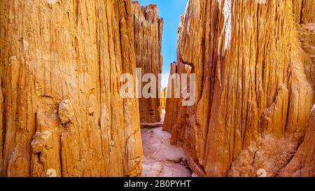 The dramatic and unique patterns of Slot Canyons  in Cathedral Gorge State Park in the Nevada Desert, United States Stock Photo