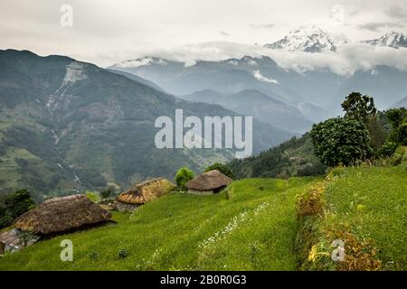 Typical houses in Himalayan mountains in Nepal Stock Photo