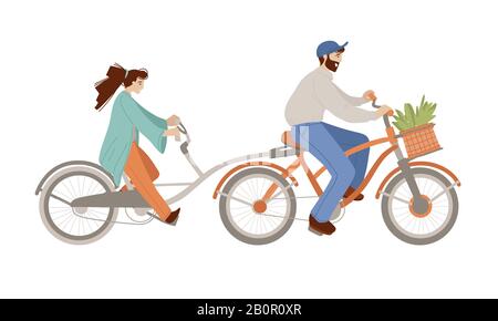 Vector cartoon illustration of happy family riding a fixed gear Co-Pilot Bike Trailer, bicycle with two adults, woman and man doing summer activities Stock Vector