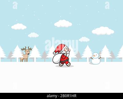 Christmas Santa Claus . cartoon Santa Claus with gift bag walking in snow  forest with winter landscape, snow falling, snowman and reindeer Stock  Photo - Alamy
