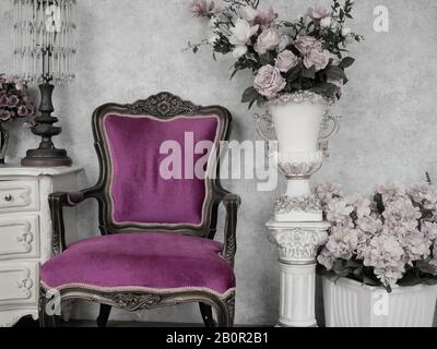 vintage chair in antique room decoration with old ancient furniture. vintage classic style interior background for wallpaper. picture is painted in pa Stock Photo