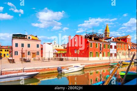 Venice landmark, Burano old market flea square, colorful houses, Italy, Europe. Stock Photo