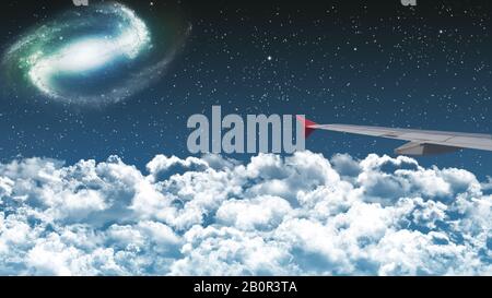 commercial airplane flying above clouds in dramatic night sky with star and galaxy constellation. beautiful night flight experience. Stock Photo