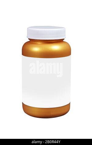 healthcare and medicine concept. medicine plastic bottle with blank label. pills box. brown medical container with white label isolated on white Stock Photo