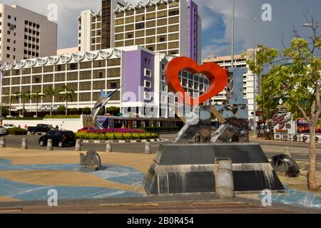 I Love KK and marlin statues at the waterfront, Kota Kinabalu, Sabah, Borneo, Malaysia Stock Photo