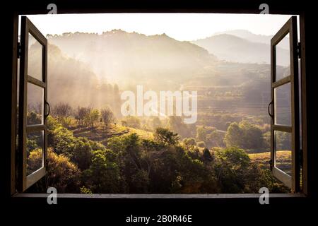 landscape nature view background. view from window at a wonderful landscape nature view with rice terraces and space for your text in Chiangmai, Thai Stock Photo