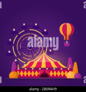 Illustration with amusement park on purple background Stock Vector