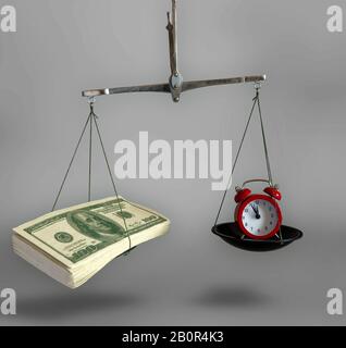 Time is money. Successful business concept. Clock and money on different scales. Stock Photo